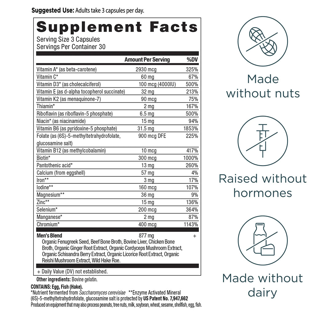 Ancient Nutrition Men's Multivitamin supplement label with nutritional information and certification icons.