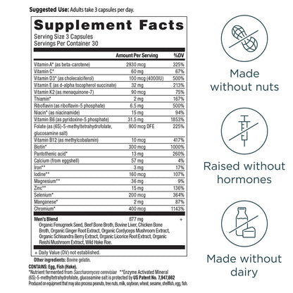 Ancient Nutrition Men's Multivitamin supplement label with nutritional information and certification icons.