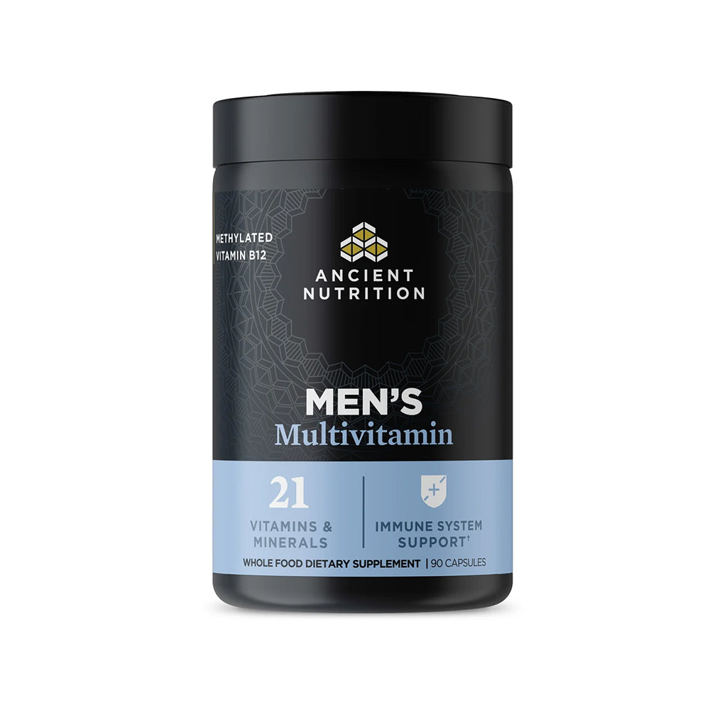 Black container of Ancient Nutrition Men's Multivitamin on a white background