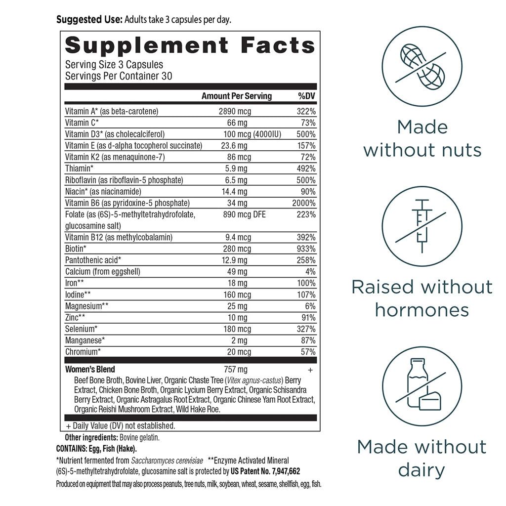 Ancient Nutrition Women's Multivitamins label with nutritional information and certification icons on a white background