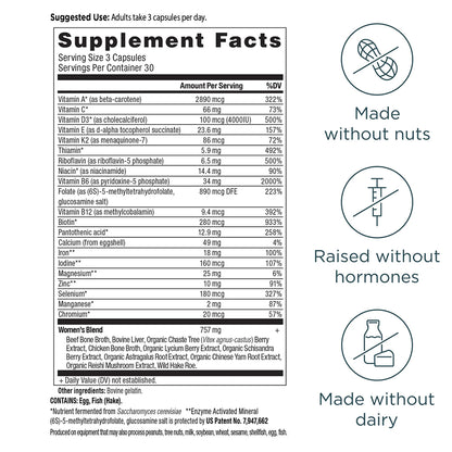 Ancient Nutrition Women's Multivitamins label with nutritional information and certification icons on a white background