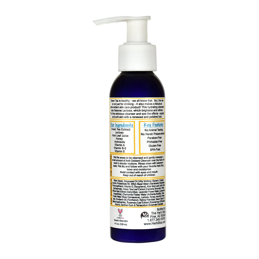 A dark blue pump bottle of Herb Stop Anti-Oxidant Cleanser, showing the back label with ingredients and benefits on a white background.
