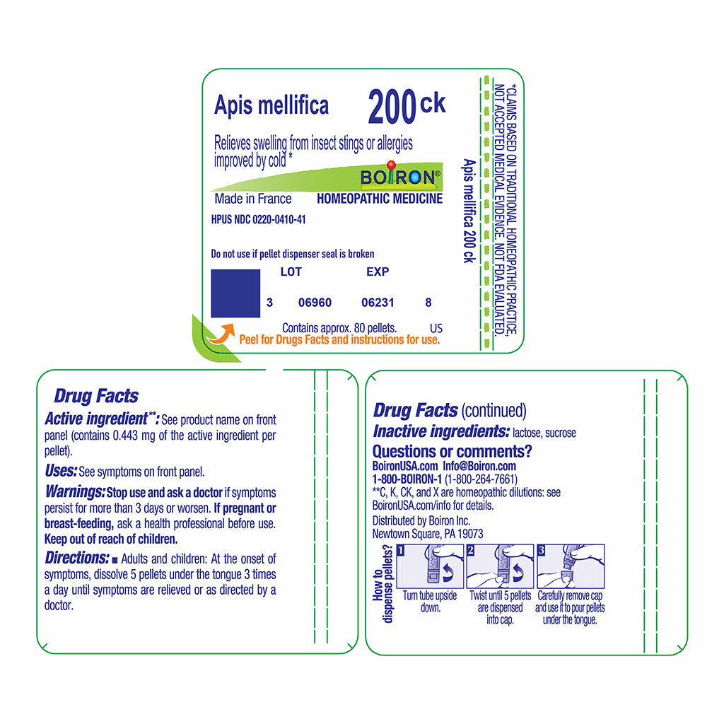 A square product card for Boiron Apis mellifica 200ck homeopathic medicine, showing front and back panels with text, usage directions, and a blue-and-white layout on a white background.
