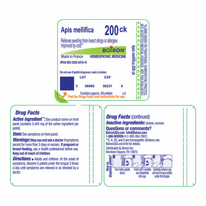 A square product card for Boiron Apis mellifica 200ck homeopathic medicine, showing front and back panels with text, usage directions, and a blue-and-white layout on a white background.