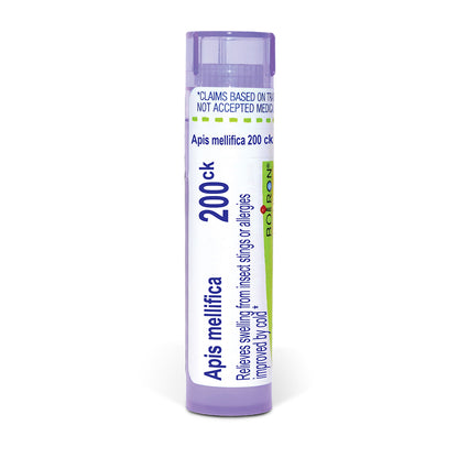A single tube of Apis mellifica 200ck insect sting or allergy relief pellets, featuring a white label with blue and green text and a light purple cap, set against a plain white background.