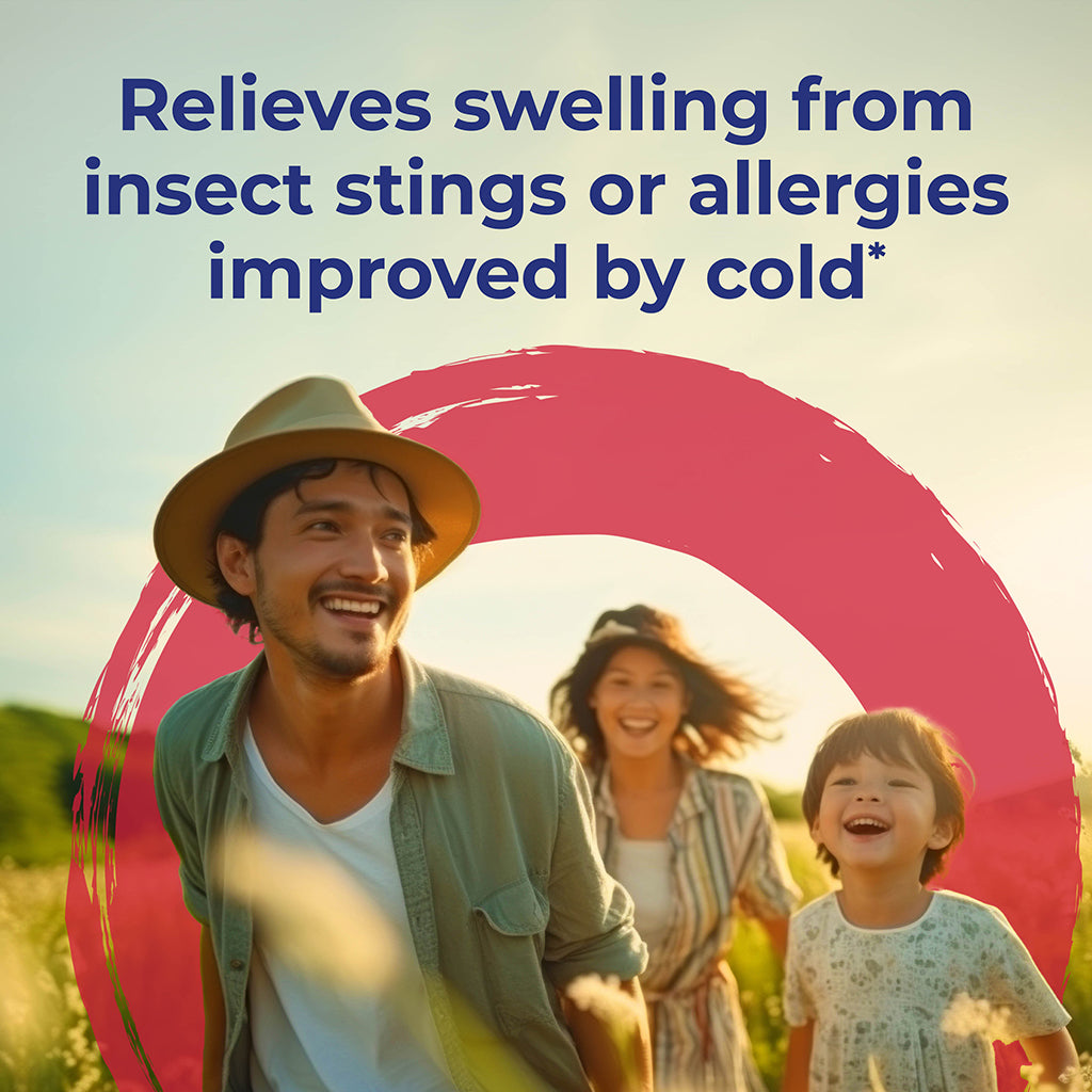 Family in a field with text about relieving swelling from insect stings or allergies improved by cold.