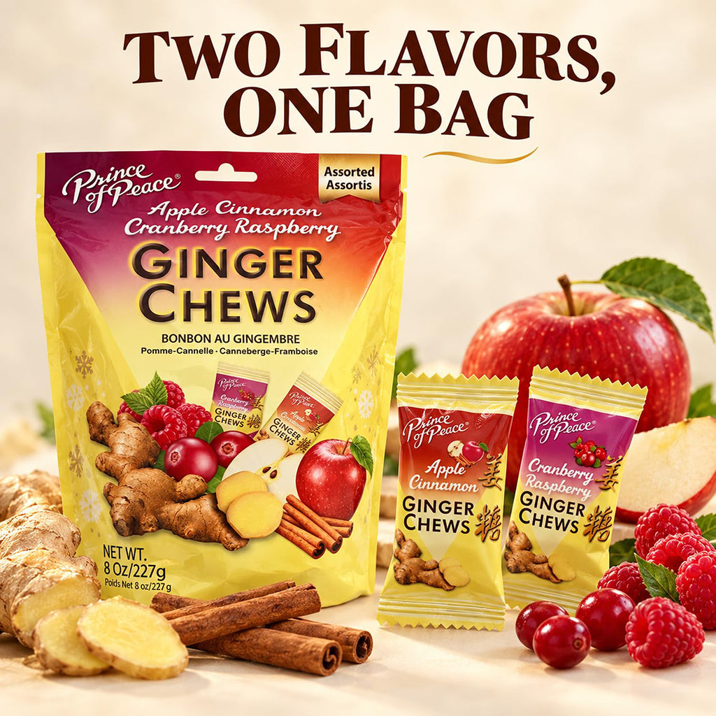 Prince of Peace Ginger Chews assorted pack shown with two individual packet sizes, surrounded by fresh ginger, cinnamon sticks, apples, and raspberries. Large text at the top reads 'TWO FLAVORS, ONE BAG'.