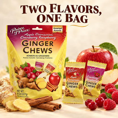 Prince of Peace Ginger Chews assorted pack shown with two individual packet sizes, surrounded by fresh ginger, cinnamon sticks, apples, and raspberries. Large text at the top reads 'TWO FLAVORS, ONE BAG'.