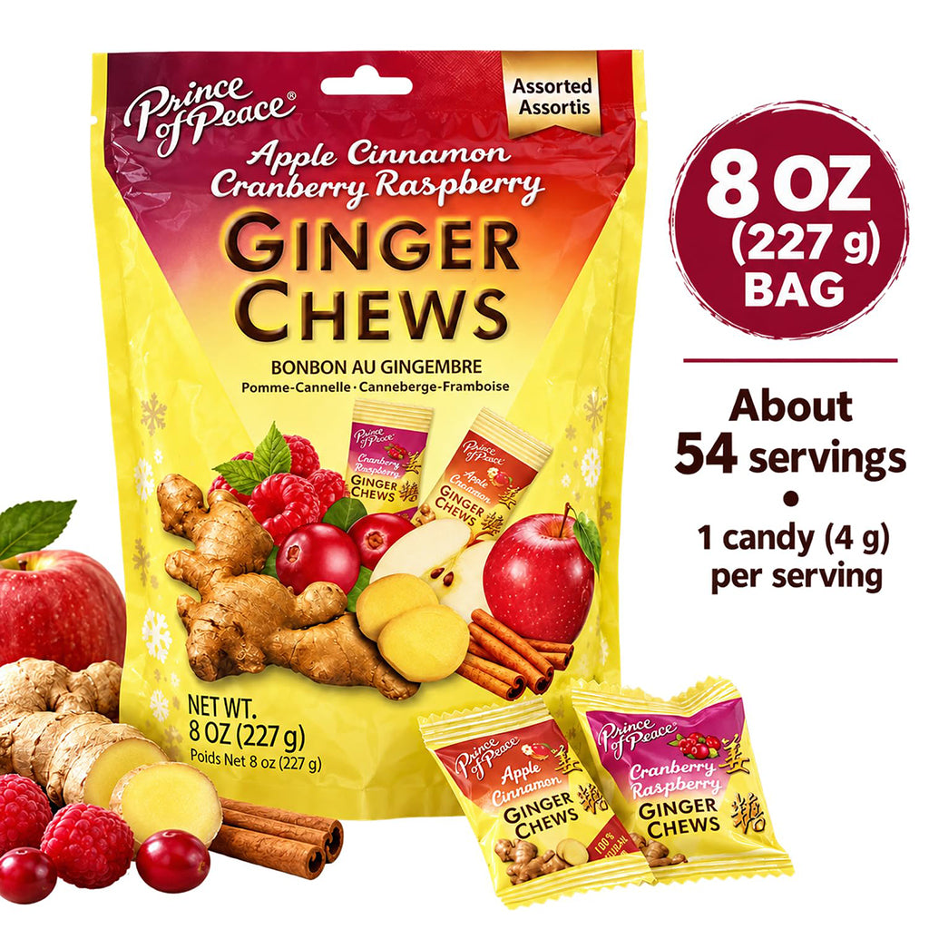 A package of Prince of Peace Ginger Chews assorted fruit flavor, 8 oz bag, shown with two individual wrapped chews and fruit illustrations on a white background with text indicating about 54 servings.