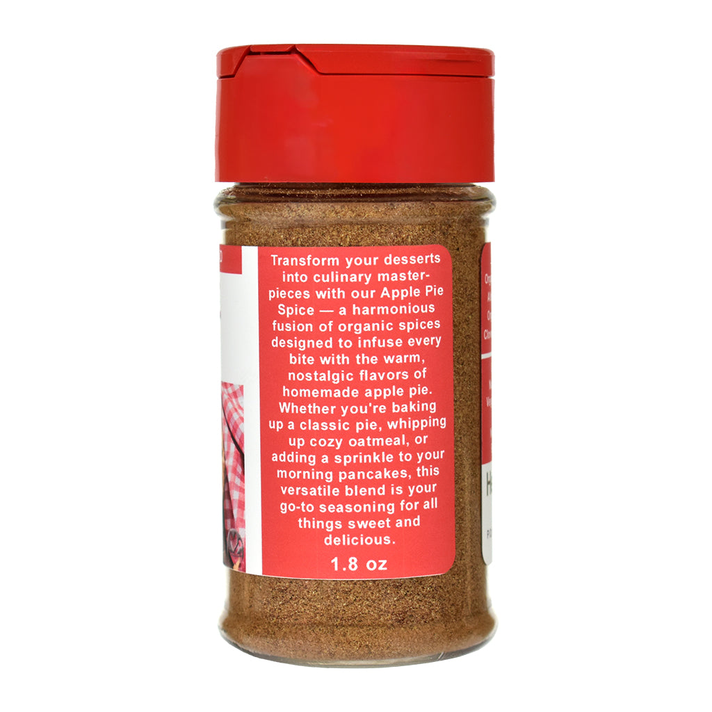 Apple Pie Spice jar with a red lid on a white background