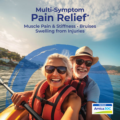 Two people in a kayak on a lake with promotional text for Amica 30C pain relief.