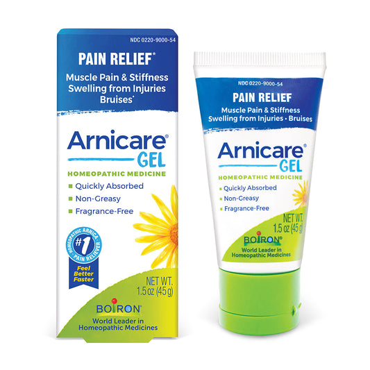 Arnicare Gel packaging including tube and box on a white background