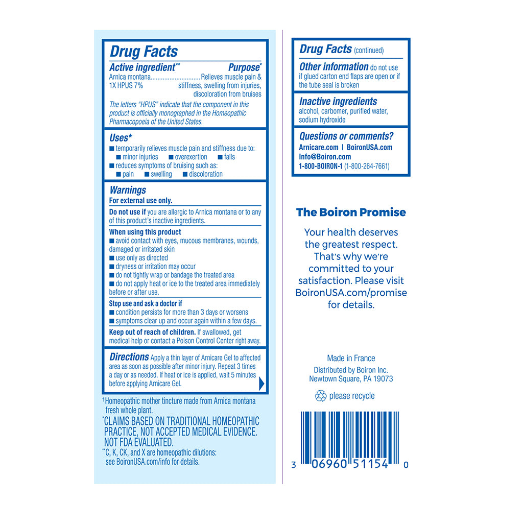 Back of package for Arnicare Gel, showing blue facts panels, usage warnings, a 'The Boron Promise' section, and a barcode on a white background.