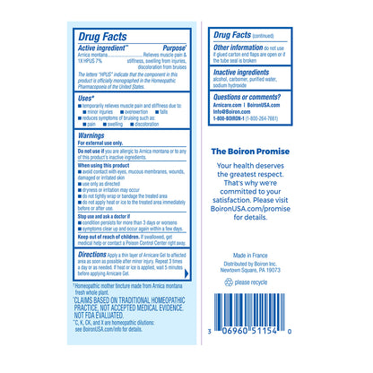Back of package for Arnicare Gel, showing blue facts panels, usage warnings, a 'The Boron Promise' section, and a barcode on a white background.