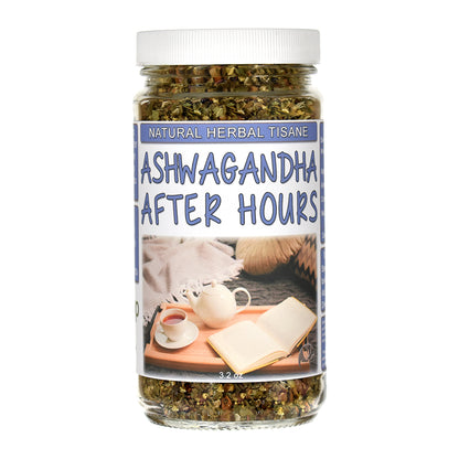 Jar of Ashwagandha After Hours natural herbal tisane on a white background
