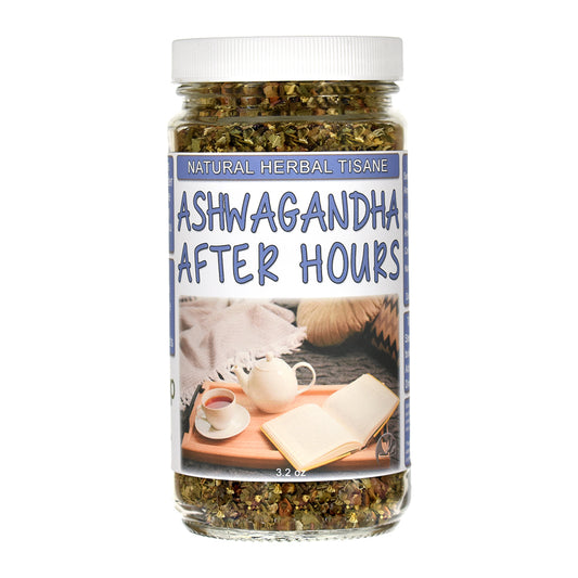 Jar of Ashwagandha After Hours natural herbal tisane on a white background