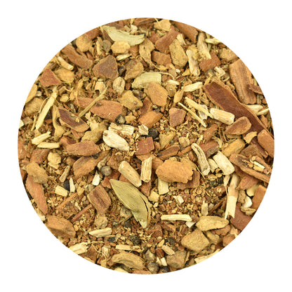 A close-up of Ashwagandha Chai loose herbal tea made of cinnamon bark pieces, cardamom, and ginger, centered on a white background.
