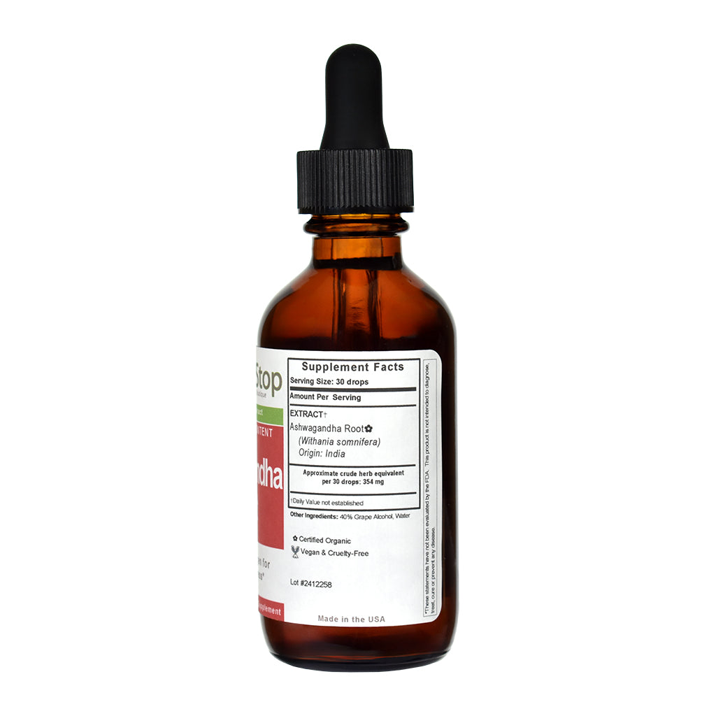 Ashwagandha Extract in a glass bottle with a dropper on a white background