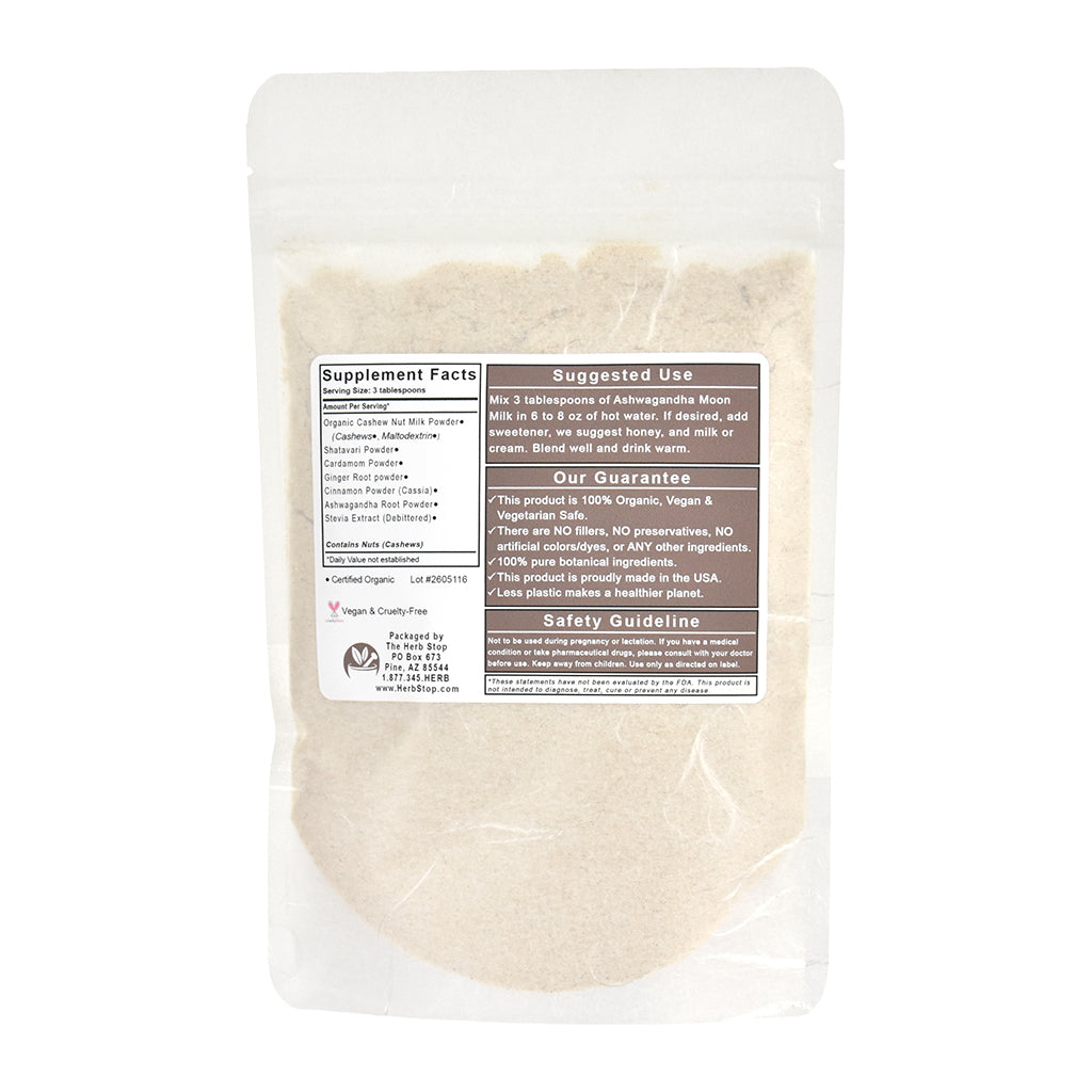 Ashwagandha Moon Milk bag with a label on a white background