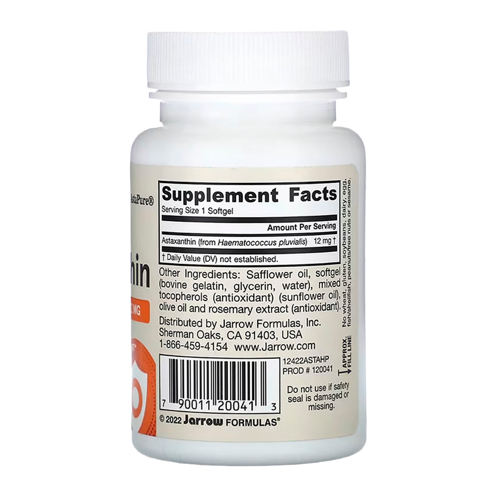 Astaxanthin bottle with label showing 'Supplement Facts' on a white background