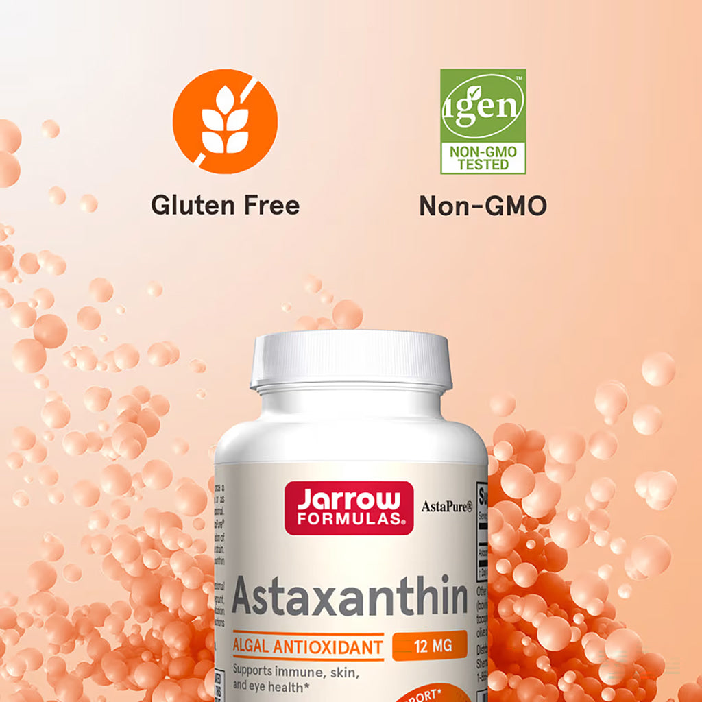 Jarrow Formulas Astaxanthin supplement bottle with 'Gluten Free' and 'Non-GMO' labels on a peach background.