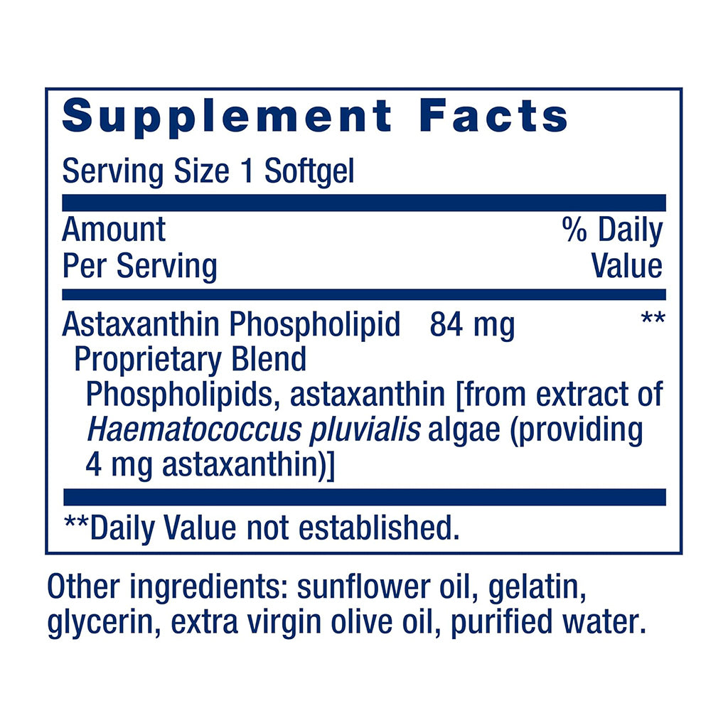 Supplement facts label for a product containing Astaxanthin Phospholipid on a white background.