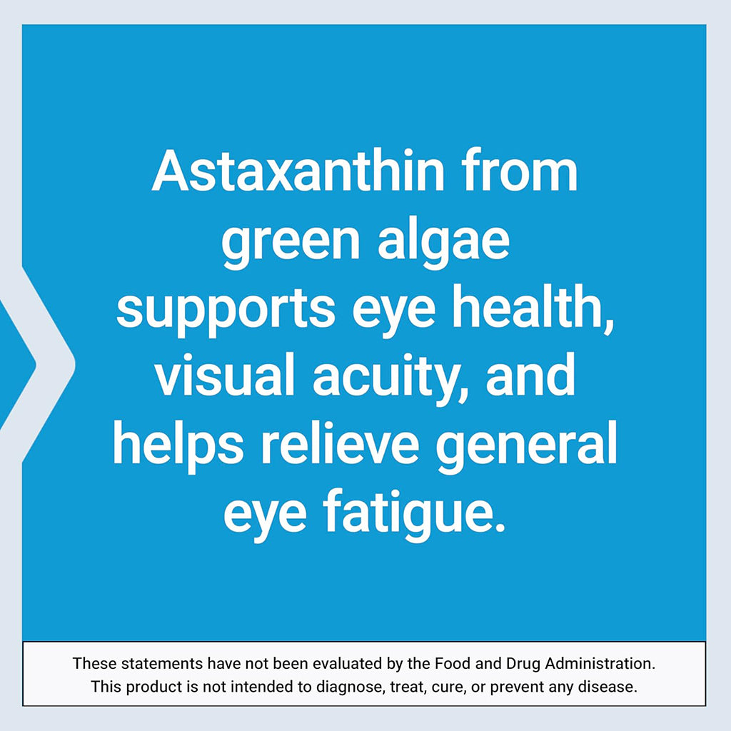 Text on a blue background about astaxanthin from green algae supporting eye health.
