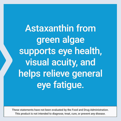 Text on a blue background about astaxanthin from green algae supporting eye health.