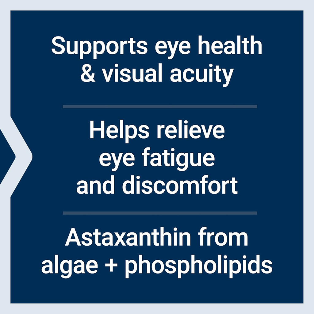 Text on a blue background about eye health benefits and ingredients.