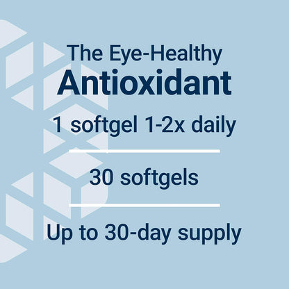 Eye-healthy antioxidant supplement information on a blue background