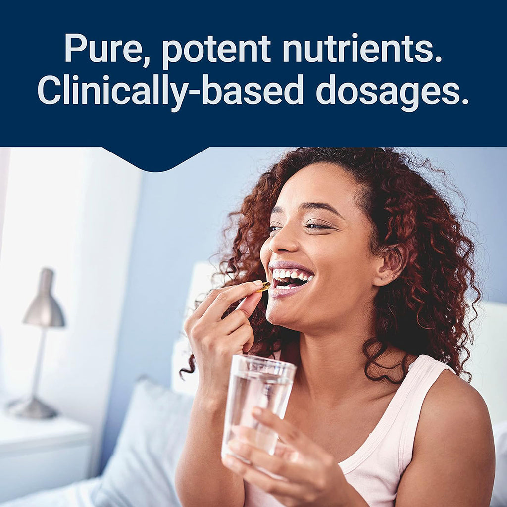 Woman taking a supplement with a glass of water, text about pure and potent nutrients and clinically-based dosages.