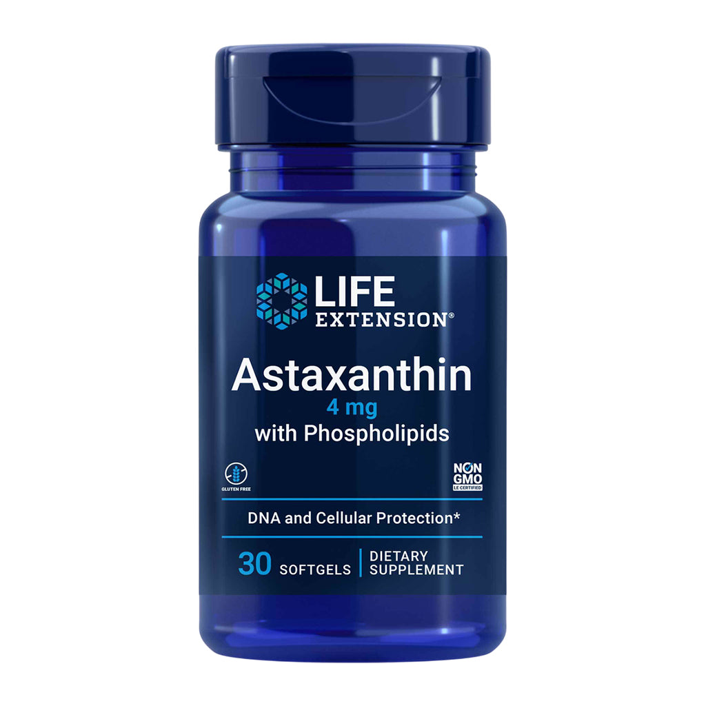 Blue supplement bottle labeled 'Life Extension Astaxanthin' on a white background