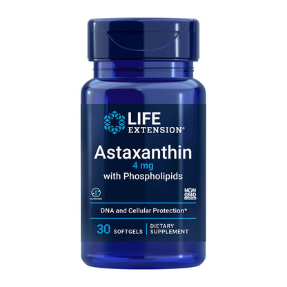 Blue supplement bottle labeled 'Life Extension Astaxanthin' on a white background