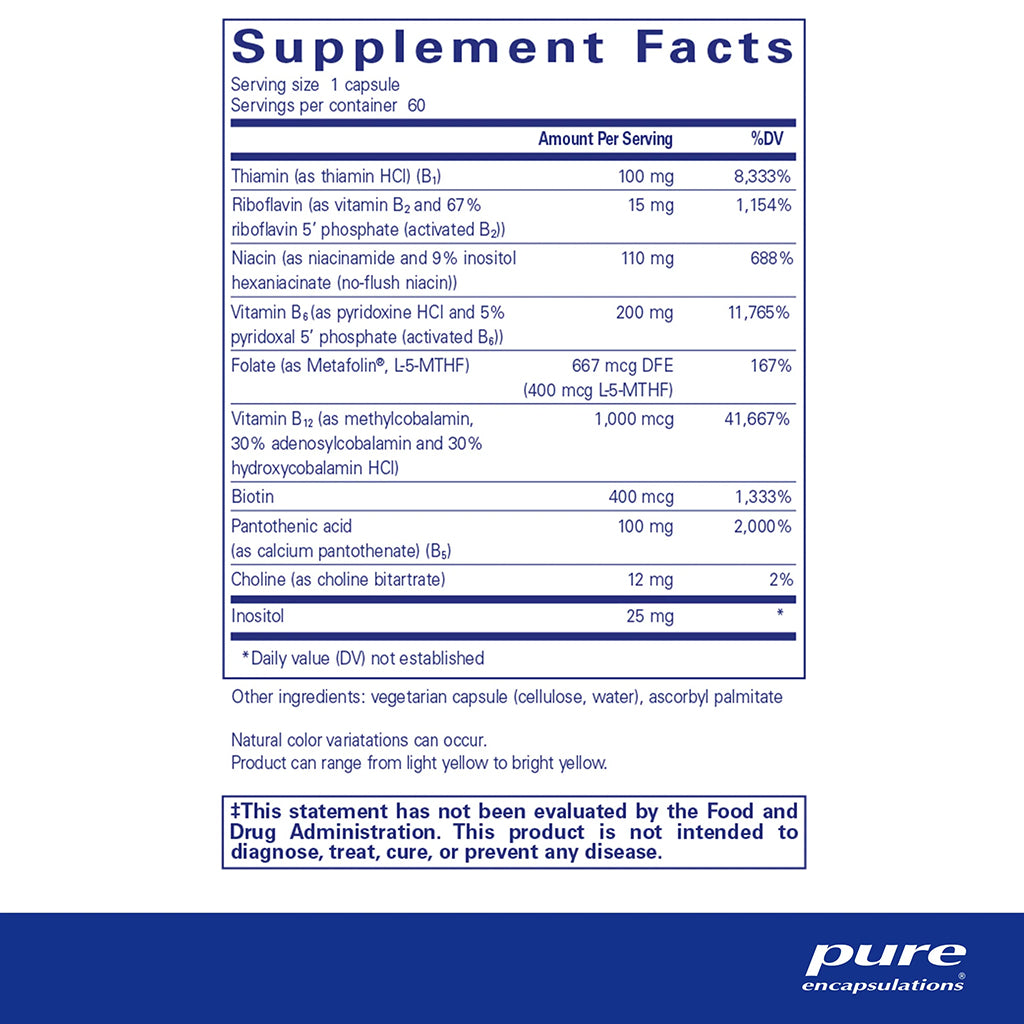 Supplement facts label for B6 Complex by pure encapsulations