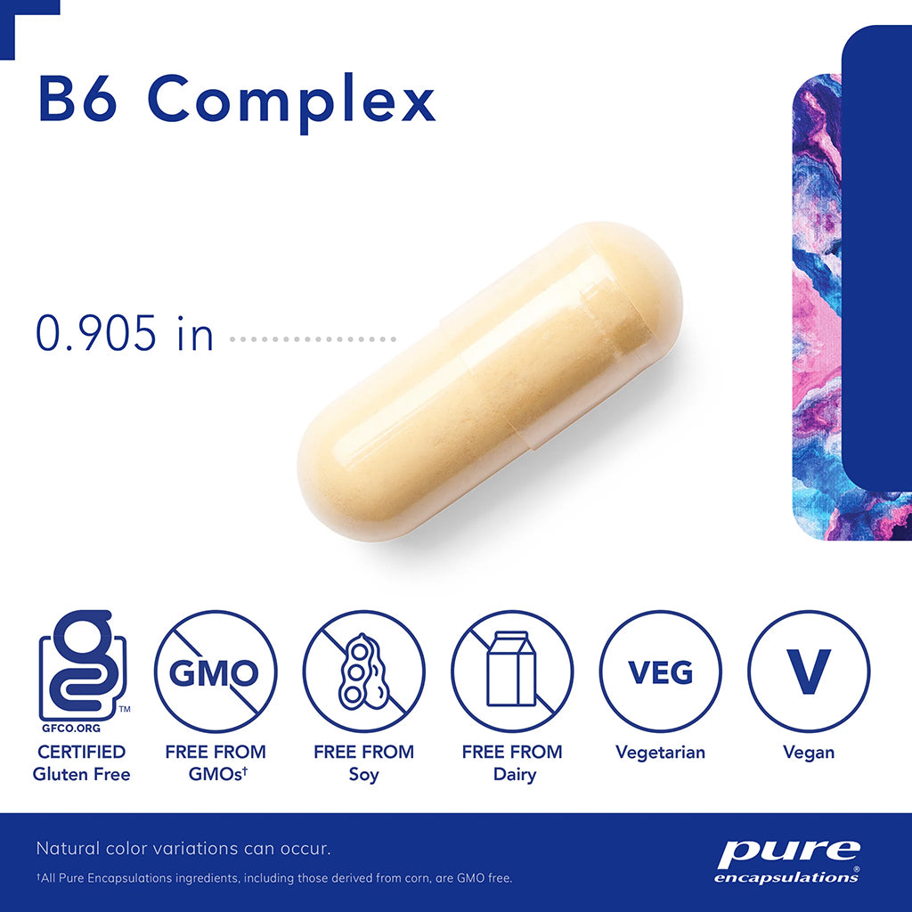 Capsule with B6 Complex label, size 0.905 inches, and certification icons on a white background.
