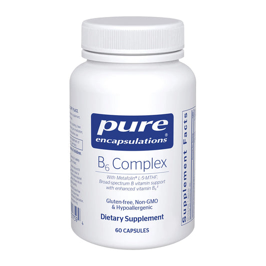 Supplement bottle labeled 'pure encapsulations B6 Complex' on a white background