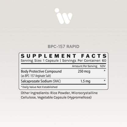 Supplement facts label for BPC-157 RAPID on a light gray background