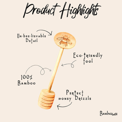 Wooden honey dipper with bee design, labeled as eco-friendly and made of bamboo.