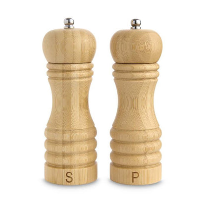Two light natural bamboo salt and pepper mills with silver metal tops, labeled 'S' and 'P' on the bases, shown on a white background.