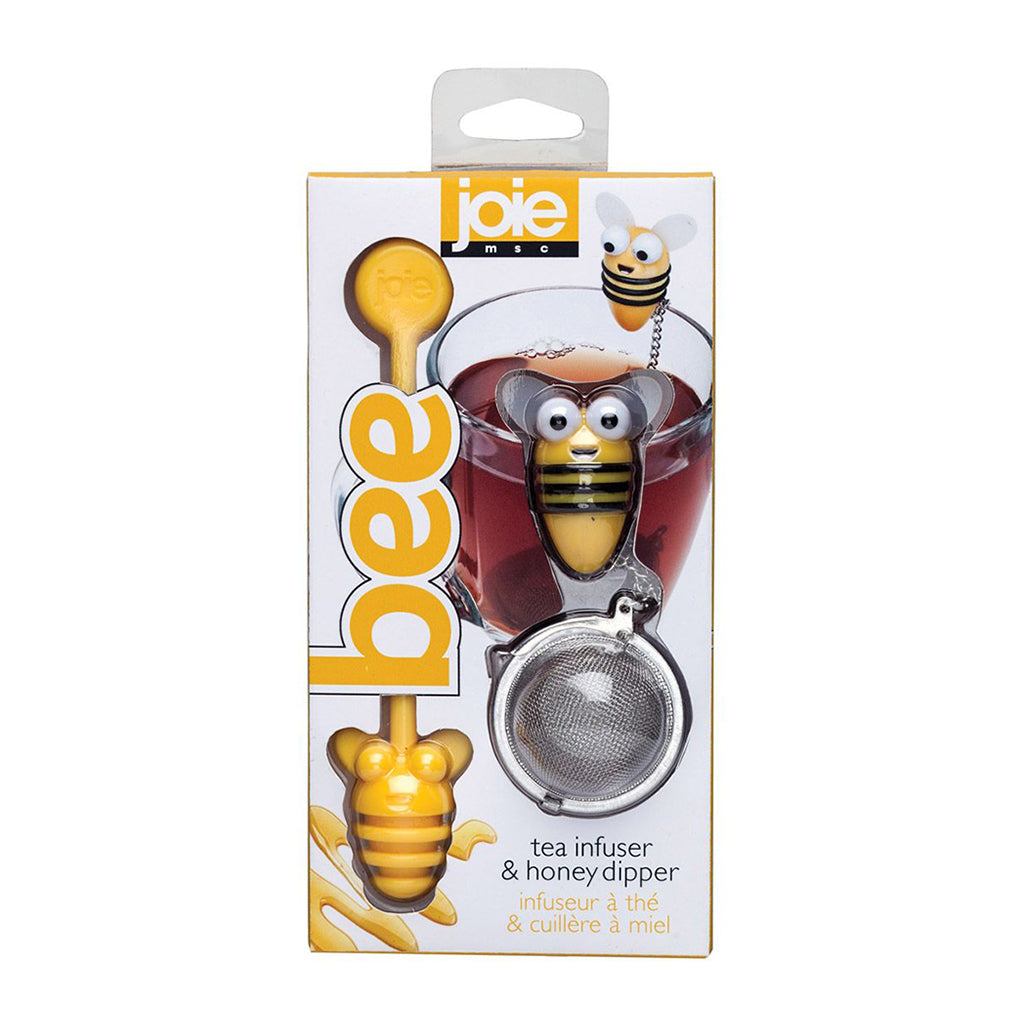 Joie bee tea infuser and honey dipper packaging on a white background