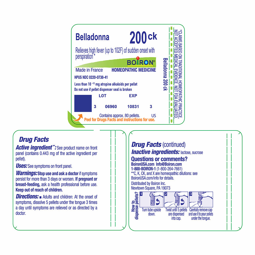 Belladonna 200ck homeopathic medicine blister card by Boiron, showing product details, drug facts, and directions on a white background.