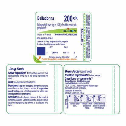 Belladonna 200ck homeopathic medicine blister card by Boiron, showing product details, drug facts, and directions on a white background.