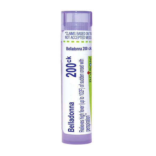A single tube of Boiron Belladonna 200ck, a purple and white medicine tube with blue and green text, on a plain white background.