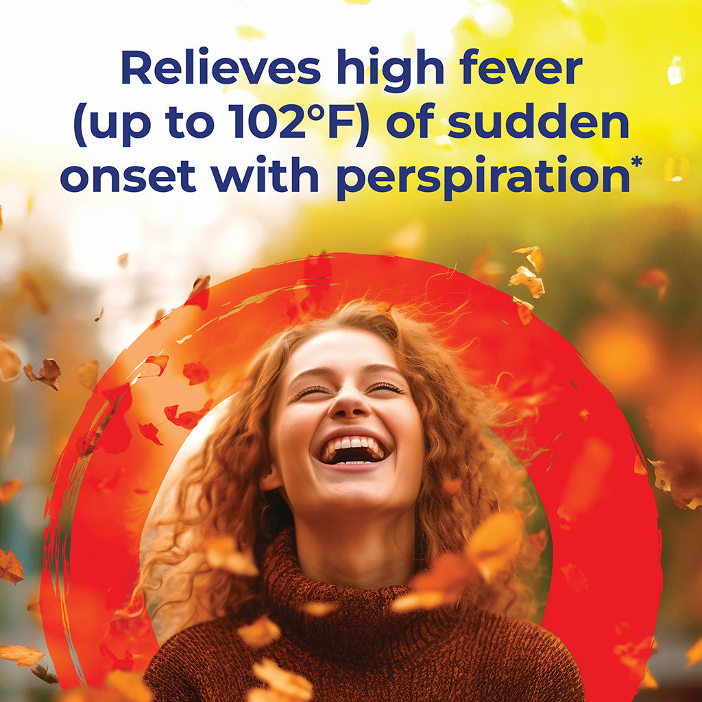 Woman laughing with autumn leaves, text about fever relief.