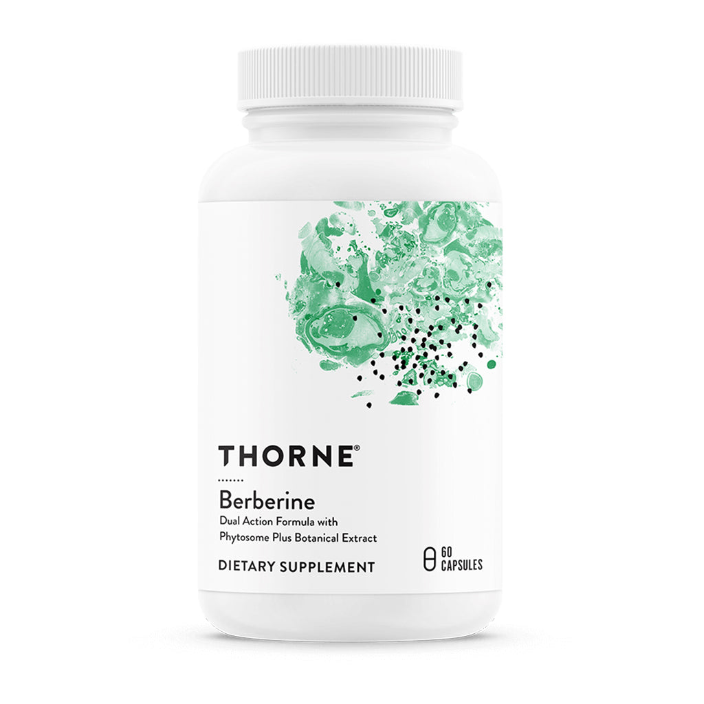 A white bottle of Thorne Berberine dietary supplement with a green and black label, set against a plain white background.