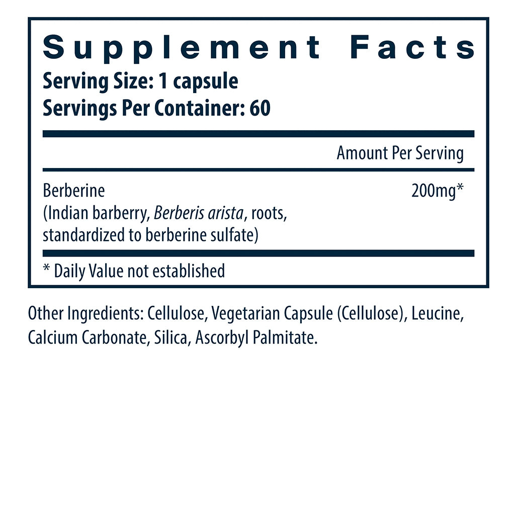 Supplement facts label for berberine with serving size and container information.
