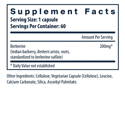 Supplement facts label for berberine with serving size and container information.