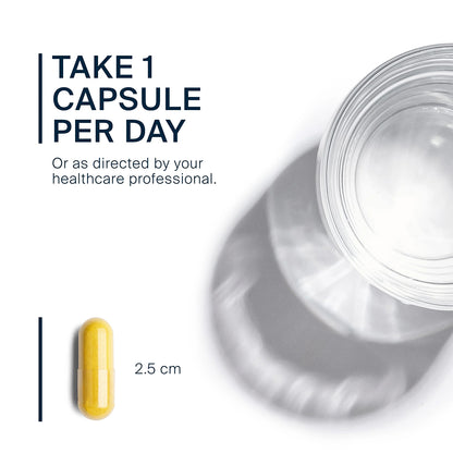 Berberine capsule next to a glass of water with text about daily dosing