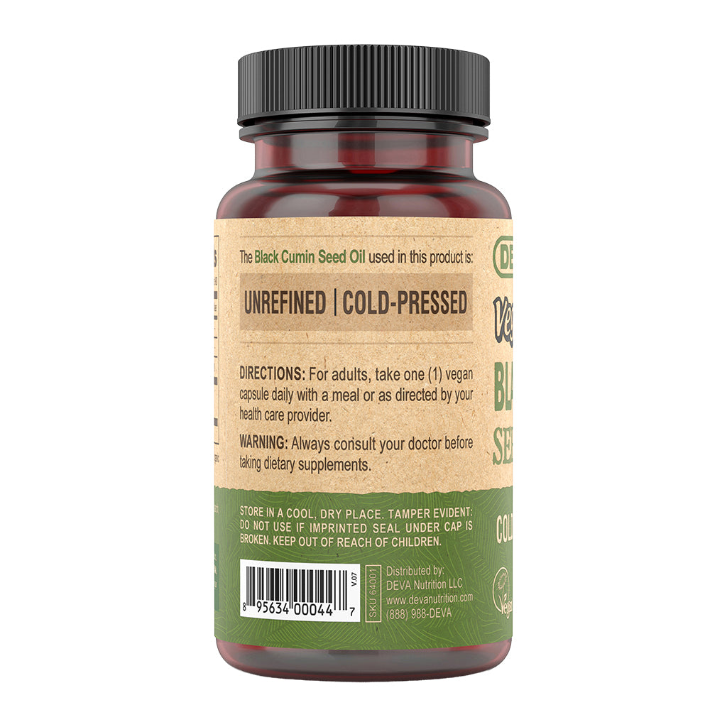 Deva Black Cumin Seed Oil supplement bottle with label on a white background