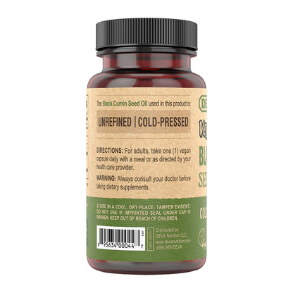 Deva Black Cumin Seed Oil supplement bottle with label on a white background